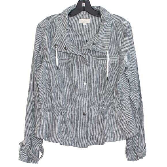 Loft Womens Jacket Linen Nautical Preppy Minimalist Stripe Size Blue White Small - Picture 1 of 7